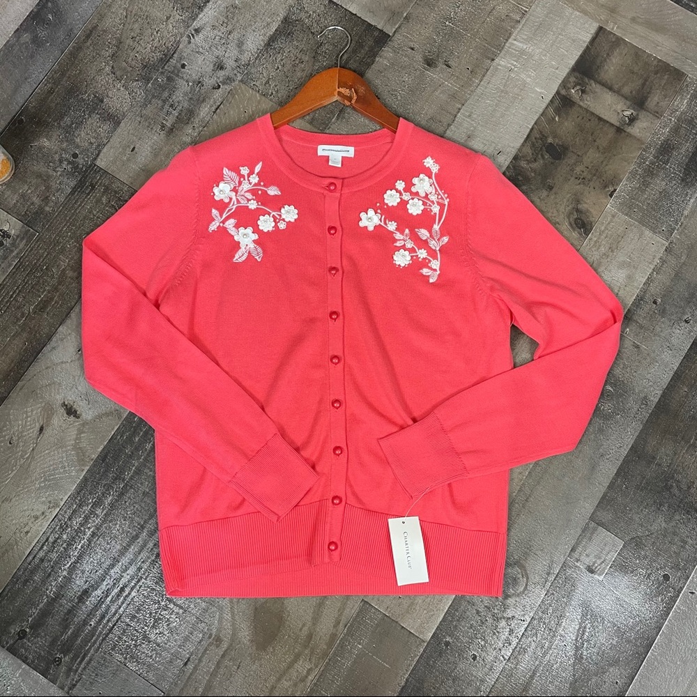 SOLD Charter Club Sweater Embroidered Coral M - Picture 2 of 11
